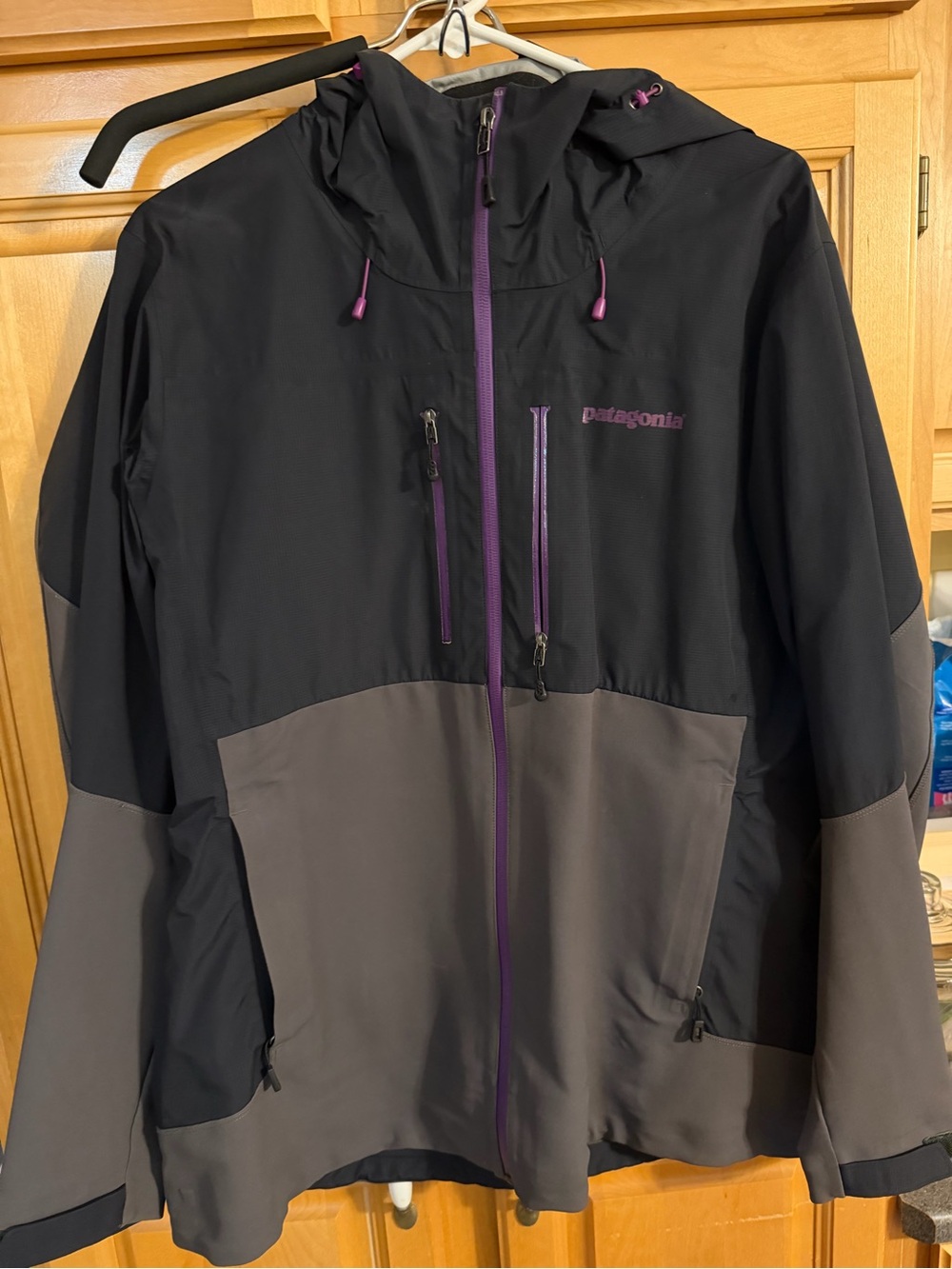 Patagonia Black & Gray Hooded Ski Shell with Purple Trim